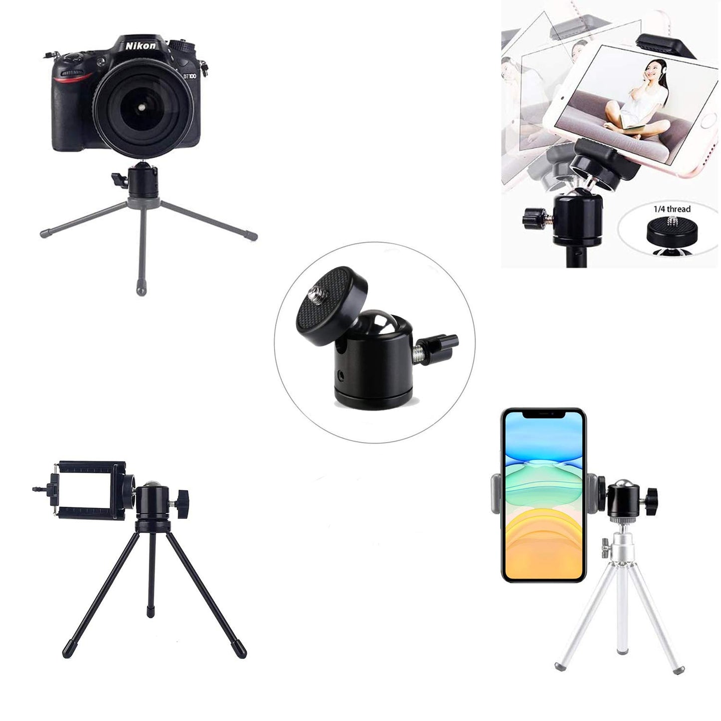 Universal 1/4" Swivel Mini Ball Head Screw Tripod Mount(2 Pack), EszkozTA360 Degree Rotating Mount Base Adapter for DSLR Cameras HTC Vive Tripods Monopods Camcorder Light Stand…