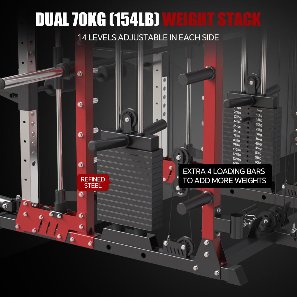FAGUS H Commercial Smithe Machine with 308lb Dual Weight Stacks, 4000LBS Power Cage Squat Rack with Lever Arm & Leg Press, Multi-Function Linear Bearing Cable Crossover Machine for Home Gym, Red