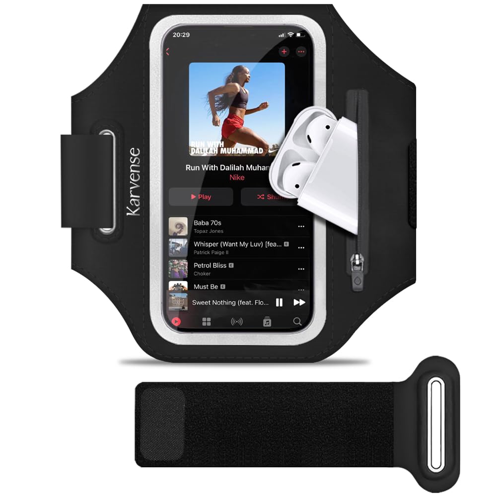 Karvense Running Phone Holder, Arm Band for Running for iPhone & Samsung Galaxy, Cell Phone Armband Holder for Walking, Gym, Workout, Men, Women, w/Adjustable Strap & Zipper Pocket (Black-L)