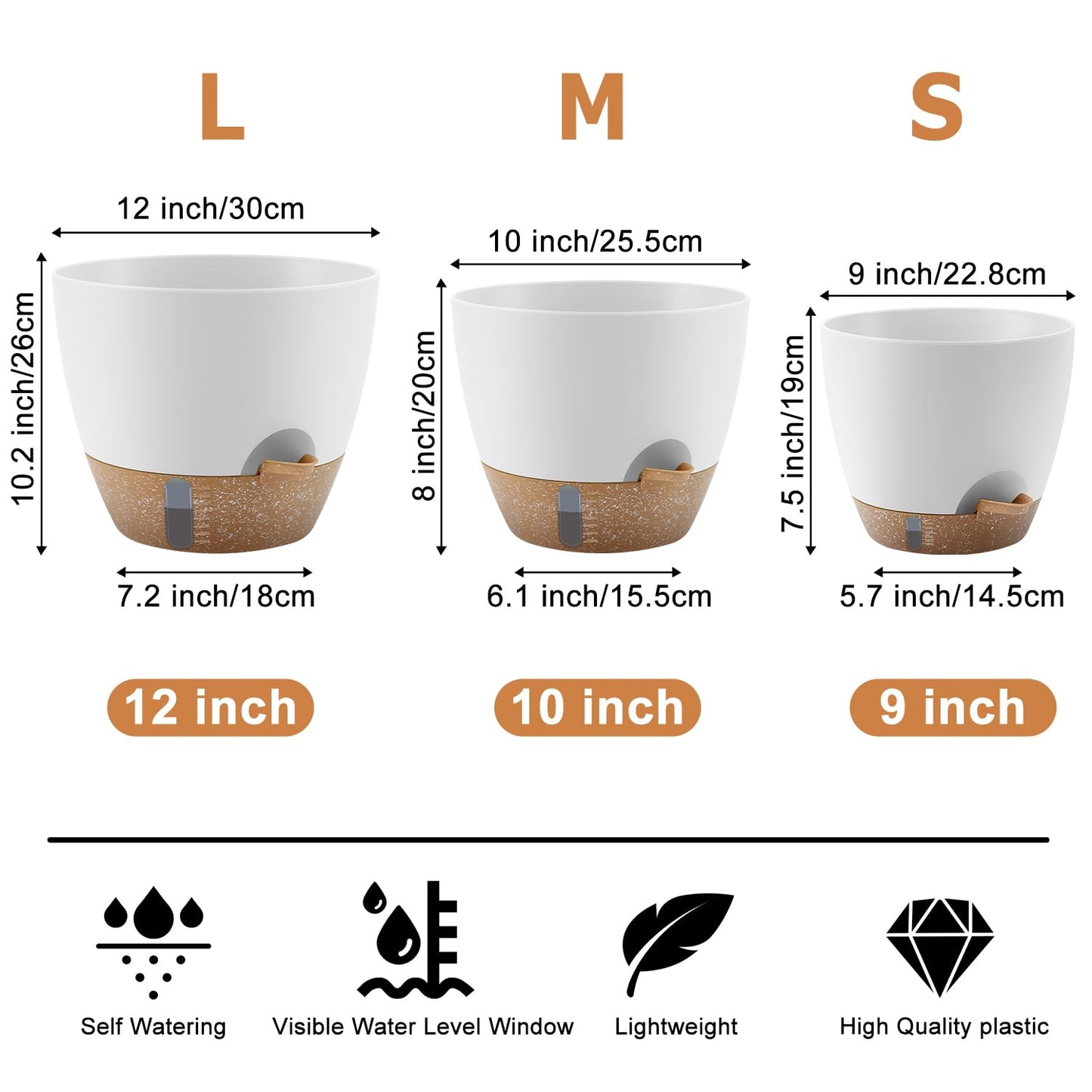 QRRICA Self-Watering Plant Pots with Water Level Indicator, Drainage Holes & Saucers โ 12/10/9 Inch Large Plastic Planter Set for Indoor & Outdoor Plants (White)