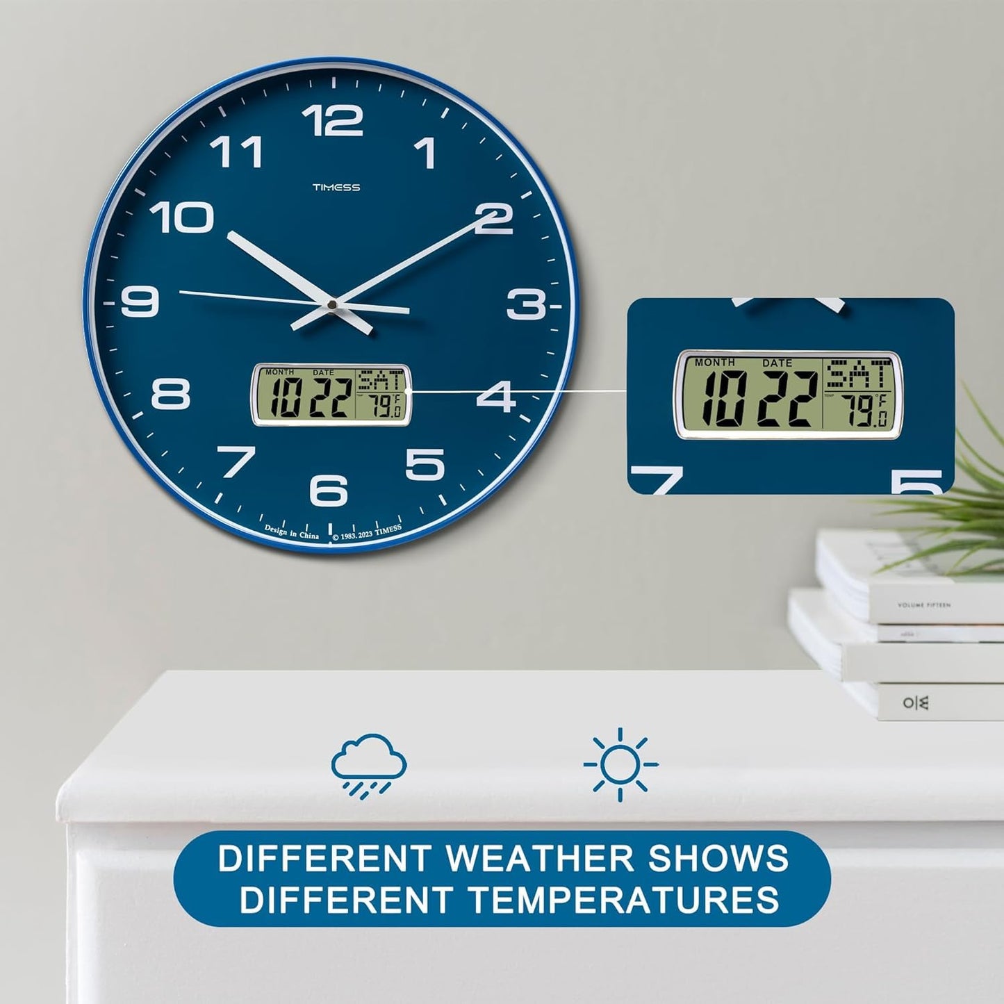 TIMESS Wall Clock, 12" Dial Non-Ticking Silent Battery Operated Analog with LCD Display for Perpetual Calendar and F° Temperature, Ideal Modern Home, Bedroom, Kitchen, Office Decor (Blue)