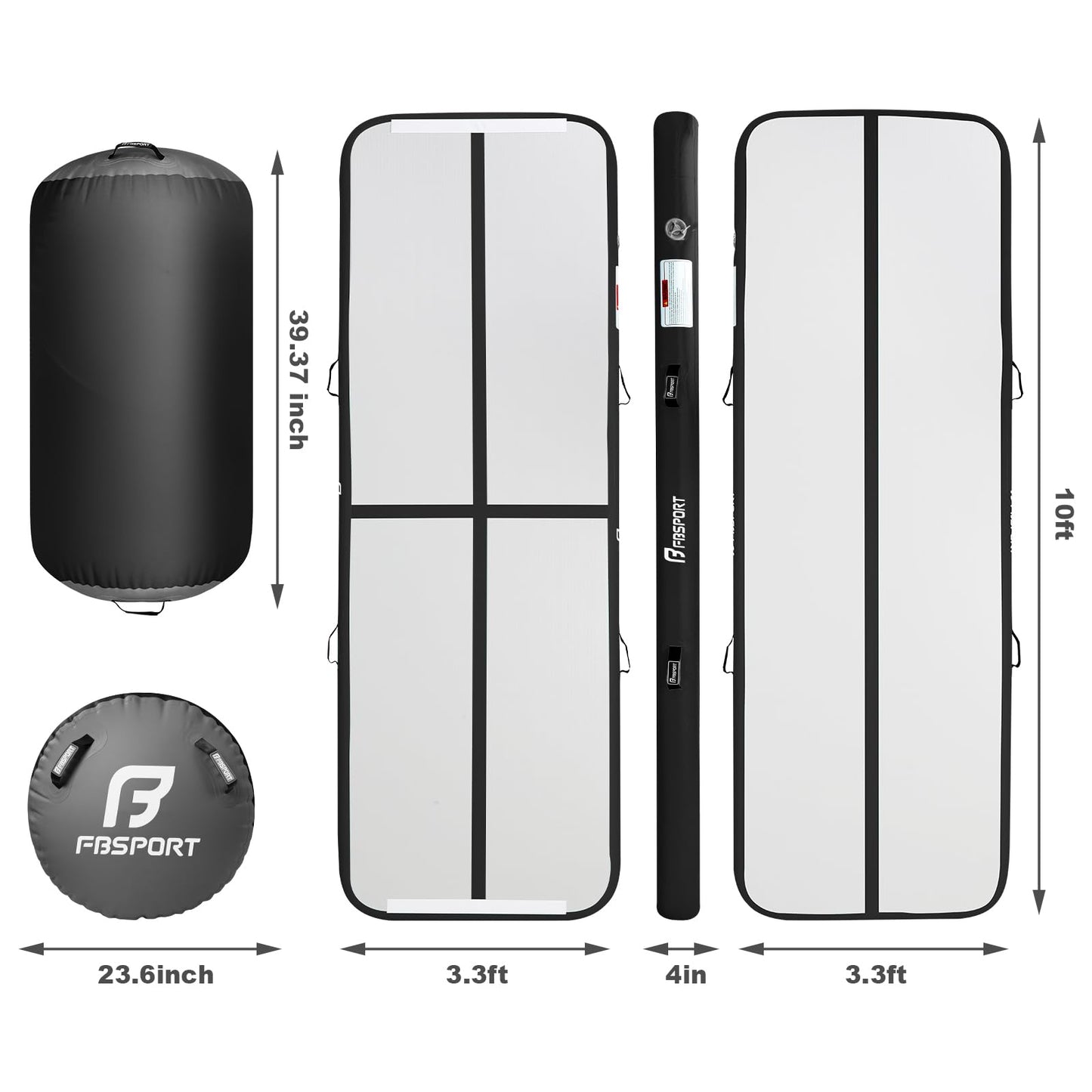 FBSPORT Inflatable Air Gymnastics Mat 4 inches Thickness and Air Roller 40x23.6 inches with Electric Air Pump 10ft Training Mats for Home Use Cheerleading Outdoor Training Park Yoga Beach Water (Black)