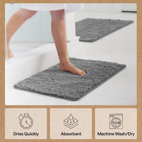 GORILLA GRIP Bath Rug Mat - Thick Soft Absorbent Chenille | Quick Dry Microfiber, 54x24, Grey