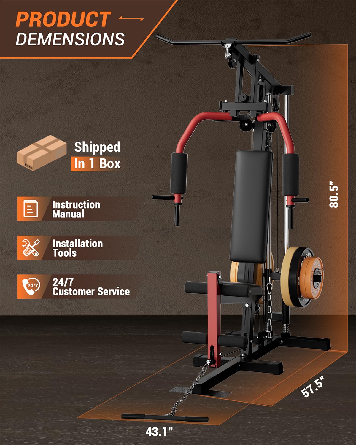 Multifunctional Home Gym Machine, Full Body Workout Equipment with Leg Press, Exercise Equipment for Strength Training, Workout Station Suit for 1"&2" Holes of Weight Plates (Not Includ), Red&Black