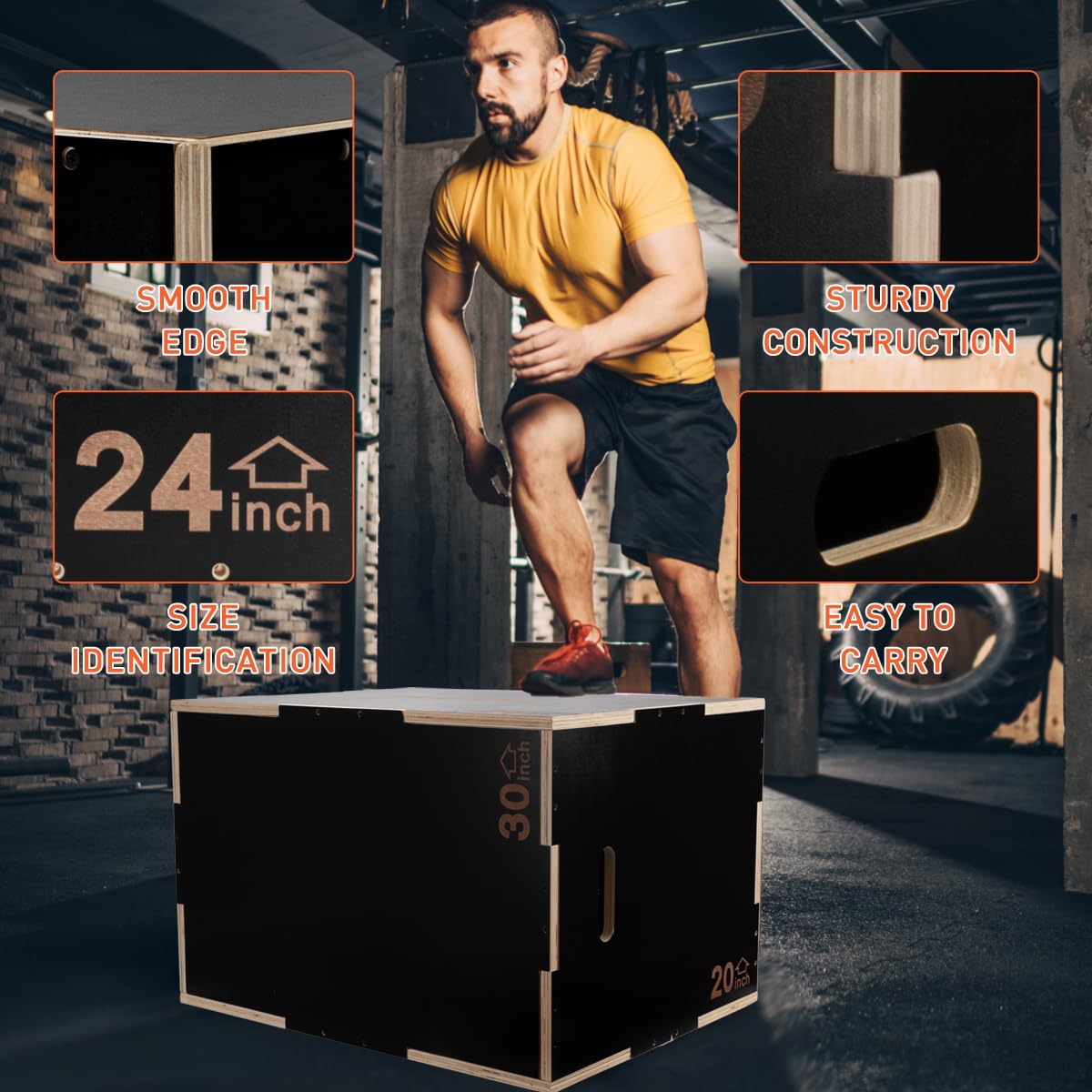 HAPOO 3-in-1 Wooden Box Jumps for Home Gym,30"x24"x20"450 lbs Boxes Step Up with Smooth Edges & Wide Built-in Handles for Jumping, Strength Training, Lunges, Squats,