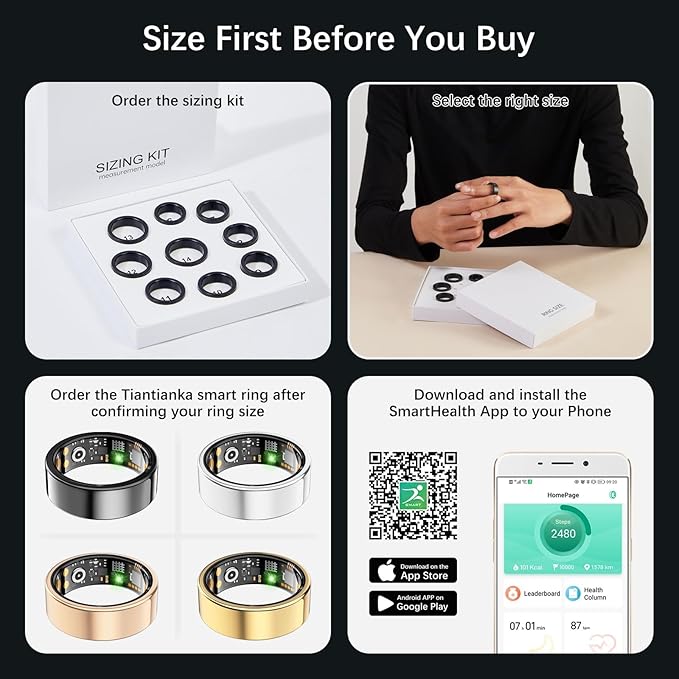Ring Health Tracker for Women Men, Fit Ring with Heart Rate, Blood Oxygen, Sleep Monitor, Calories, Step Counter, IP68 Waterproof Smart Ring for iPhone & Android, No Subscription Fee (Black, 11#)
