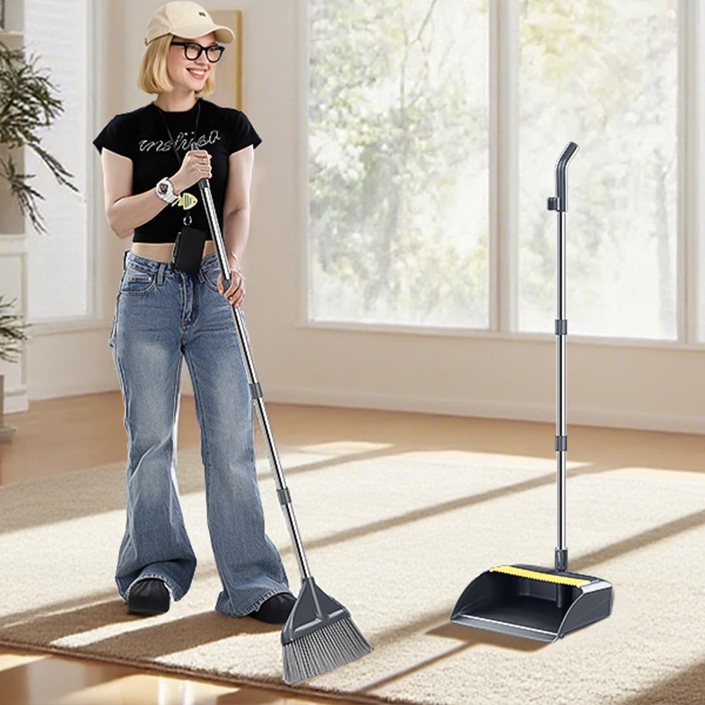Broom and Dustpan Set for Home with 52 Inch Long Angled Handle - Stand Up Dustpan No Warping Metal Edge, Ergonomic Sweeping, 4 Layer Bristles and Hair Cleaning Teeth for Kitchen Office