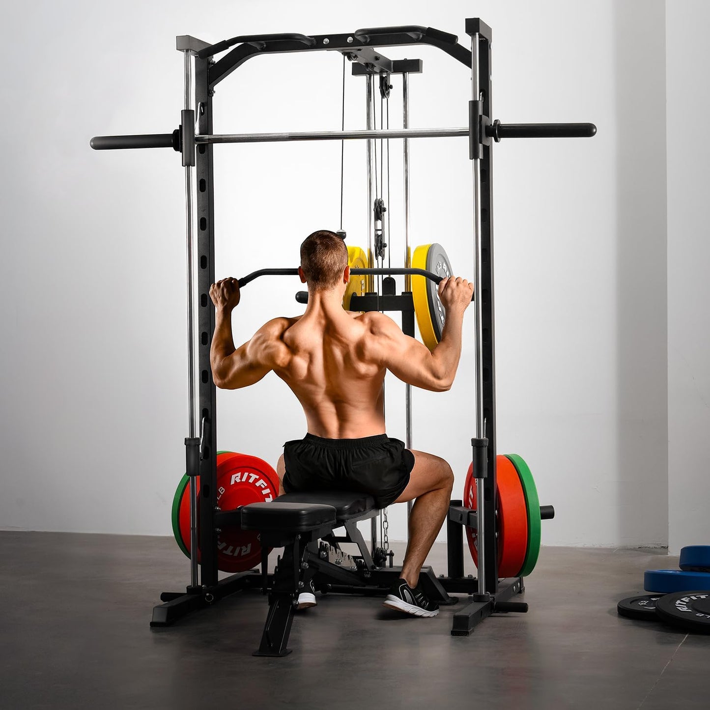 RitFit Smith Machine Power Rack with LAT-Pull Down System, Landmine, Barbell Bar, Plate Storage Pegs and More Training Attachment, 1000 LBS Multifunction Squat Rack for Home Gym, Upgraded 2.0 with Bar
