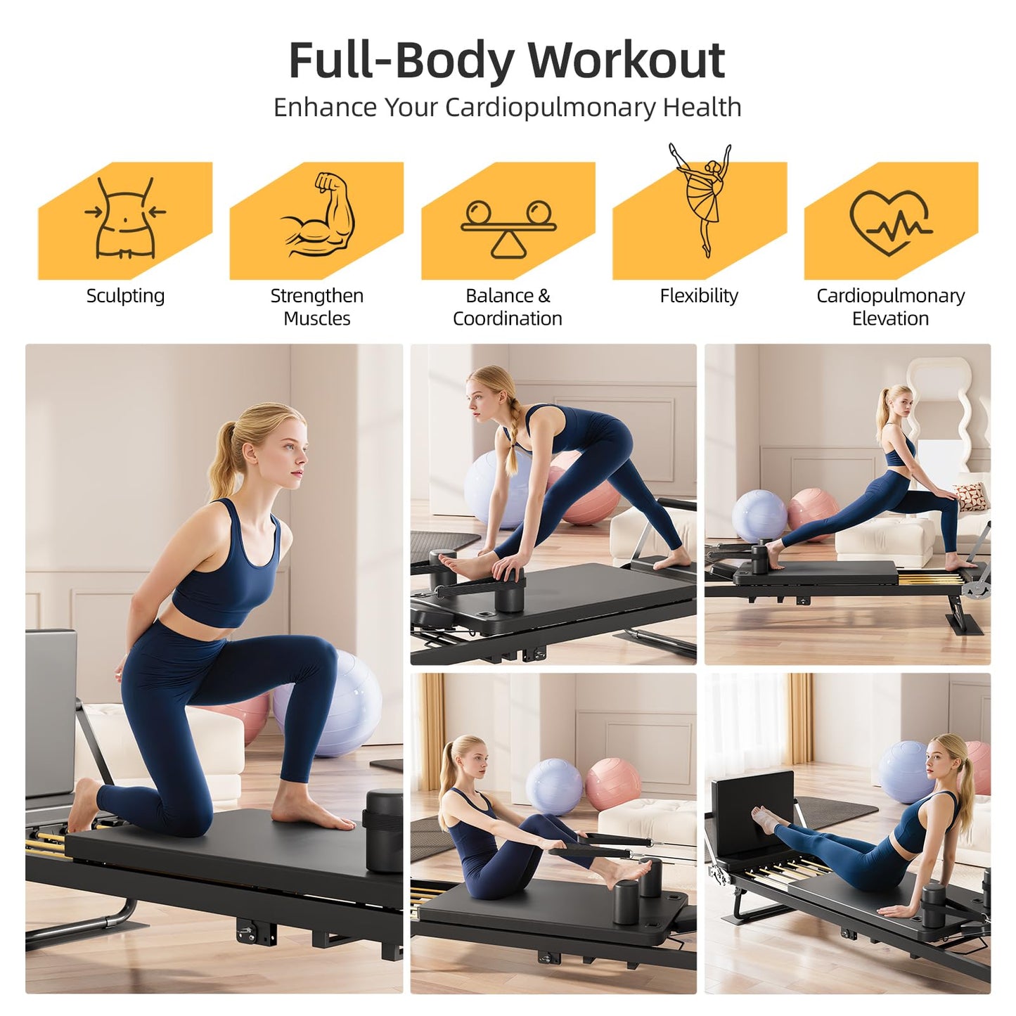 Buytime Pilates Reformer, 91" Foldable Pilates Reformer Machine with Jump Board & Dual Resistance, Reformer Pilates Machine for Beginners and Advanced Users, Up to 500 lbs Weight Capacity, Black