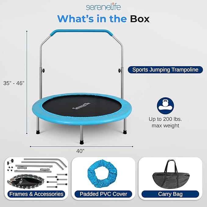 SereneLife 36/40" Foldable Mini Trampoline - Compact Fitness Trampoline for Kids Adults, Exercise Rebounder with Foam Handle, Indoor/Garden Workout Equipment, Max Load 150/220 lbs