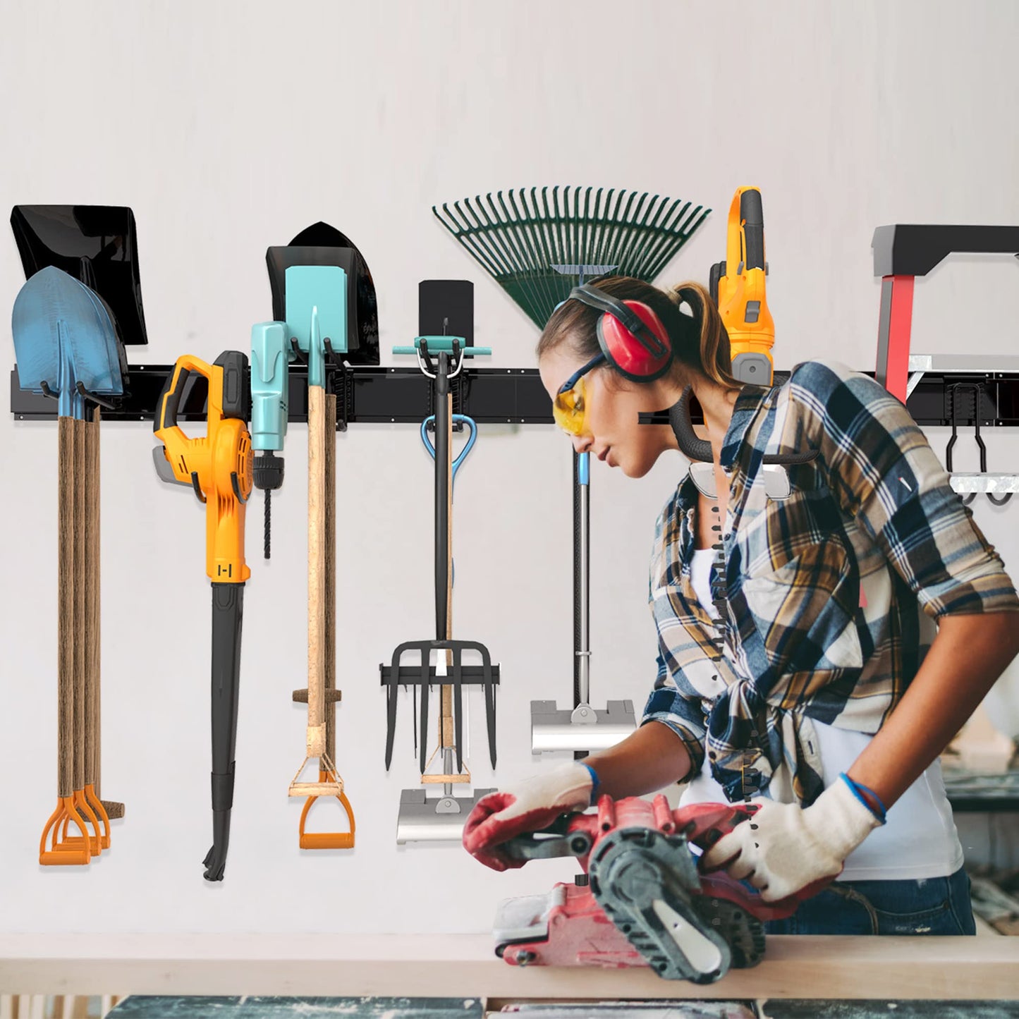 Storaboks Heavy Duty Garage Storage Rack System, Wall Mounted Tool Organizer with 8 Double Hooks, 3 Rails, Garden Yard Tools Hanger for Ski Gears, Broom, Rake, Shovel
