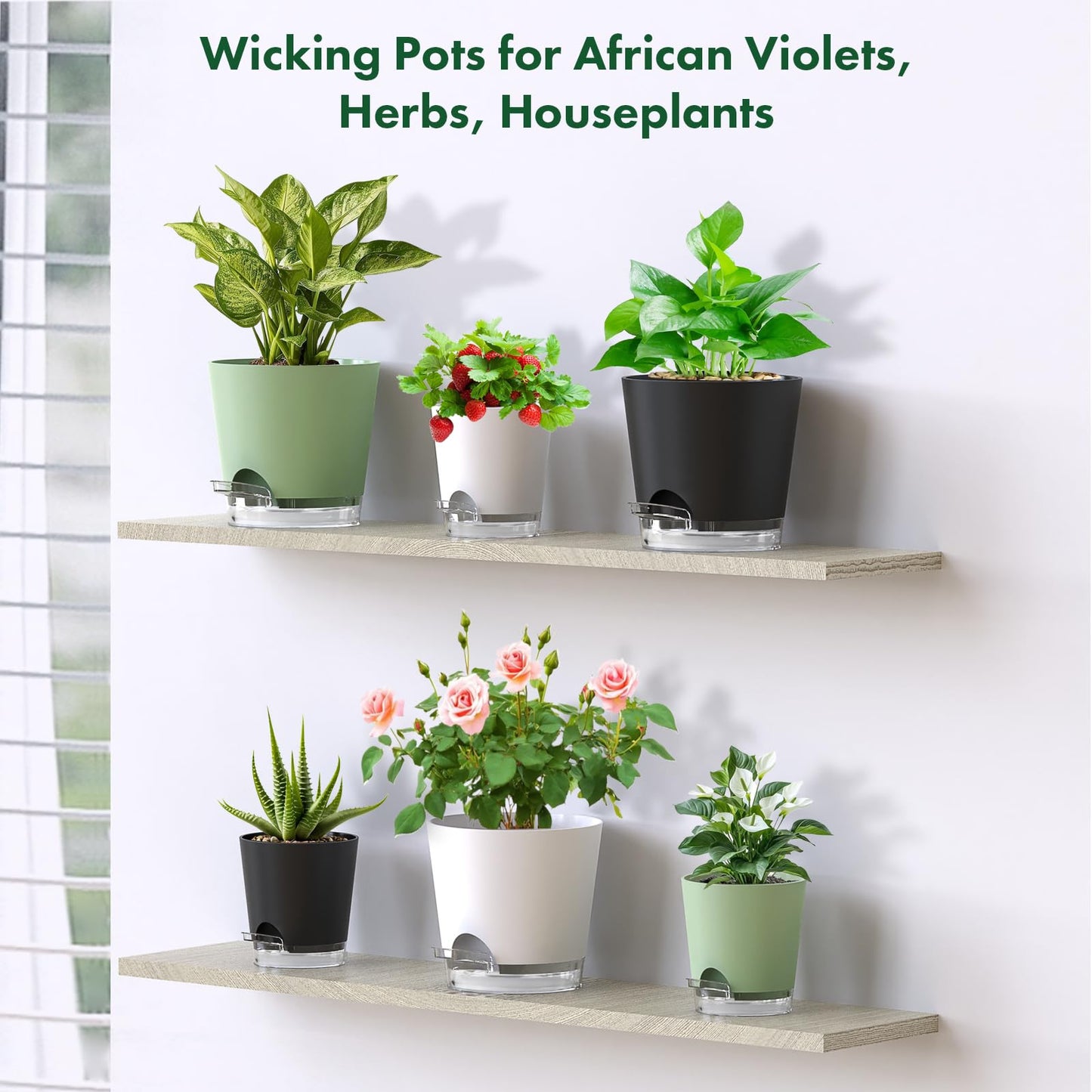 Meowell 7 inch Self Watering Pots for Indoor Plants, 5 Pack Plant Pots with Drainage Holes & Clear Reservoir for Visible Water Level, Plastic Wicking Planter Pots for House Plants and Flower, Green