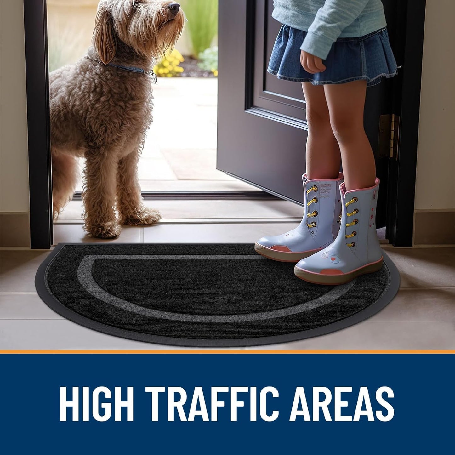 OLANLY Half Circle Door Mat - Waterproof All-Season Indoor/Outdoor Welcome Mat | 29.5x17, Black