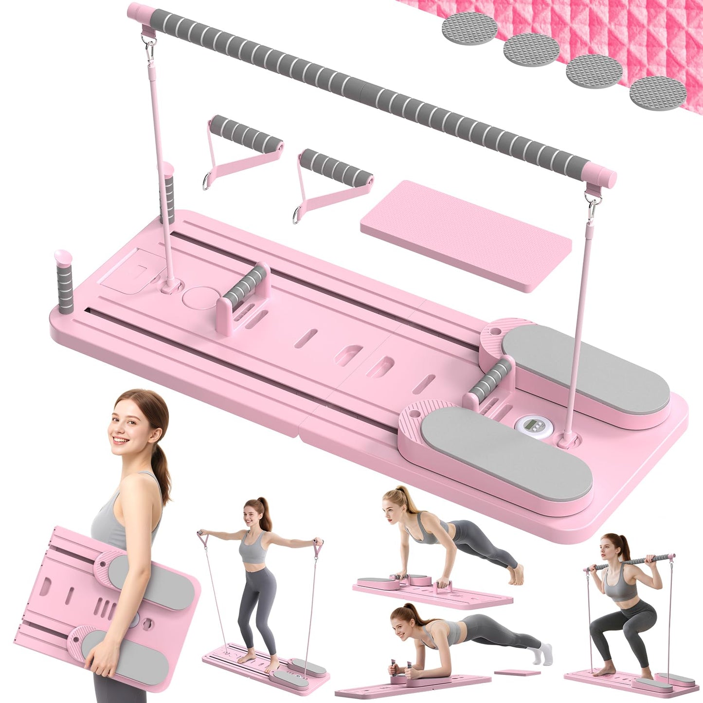 Multifunctional Pilates Board, Pilates Reformer Sets 7-in-1 Foldable Pilates Reformer Machine for Home Workout with Timer, Phone Holder, Push-up Bar, Ab Board, 330LBS Capacity Portable Set, Pink