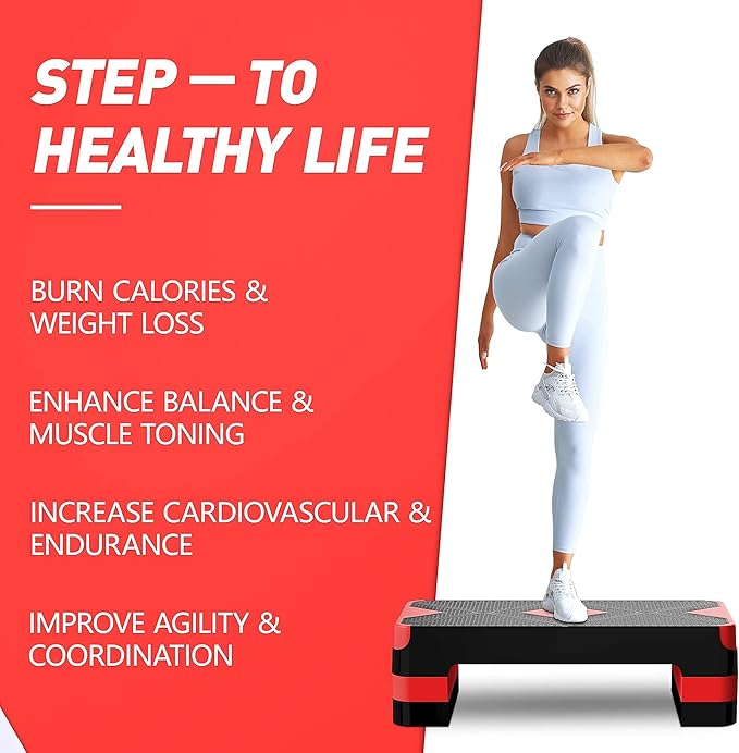 Aerobic Exercise Step, Adjustable Aerobic Stepper for Exercise, Workout Step Platform for Step Up, 26.5" Step Deck with 4??6??8??Adjustable Height Risers, Women Home Gym Cardio Fitness