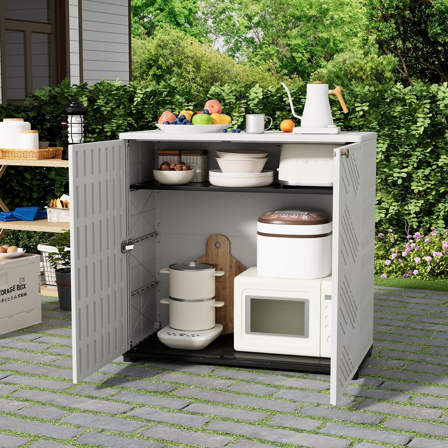 HOMSPARK Indoor/Outdoor Storage Cabinet with Doors, 34”x15”x34” HDPE Plastic Storage Box for Bedroom, Bathroom, Living Room, Balcony, Multi-Purpose for Daily Tools, White