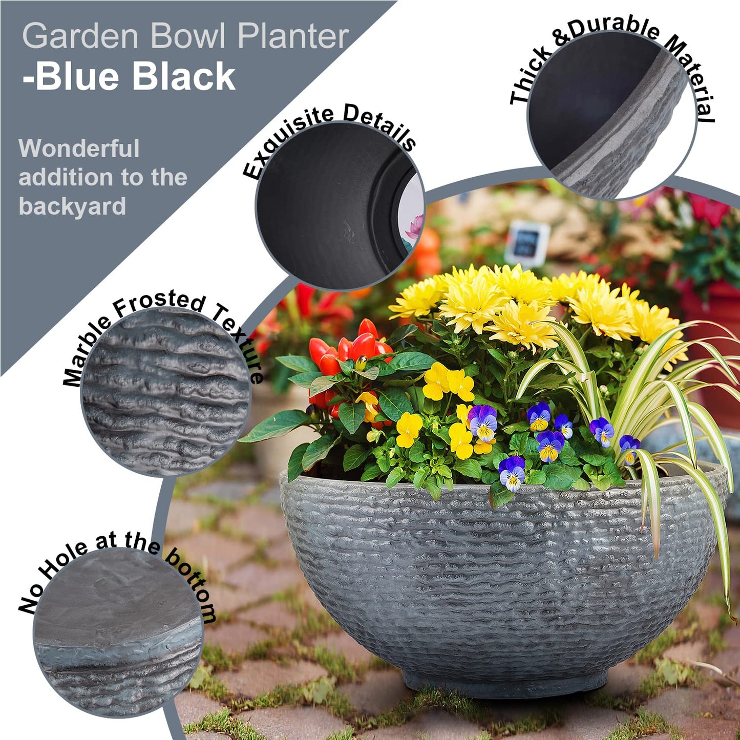 Sungmor Large Garden Bowl Planter Water Plant Pot, Miniature Landscaping Succulent Planter, 15.6 Inch Marble Texture Water Lily Pots, Small Fountain Base Mini Fish Pond Bird Bath