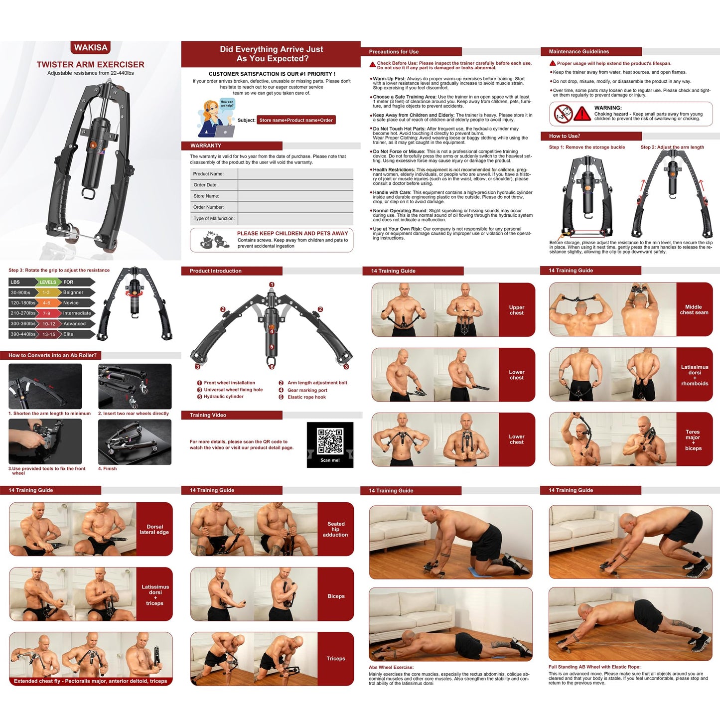 Twister Arm Trainer, 3 in 1 Hydraulic Power Chest Workout Equipment with Ab Roller Wheels and Hooks, Adjustable 22-440lbs Arm Trainer for Men Women, Home Gym Equipment for Full Body Strength Training