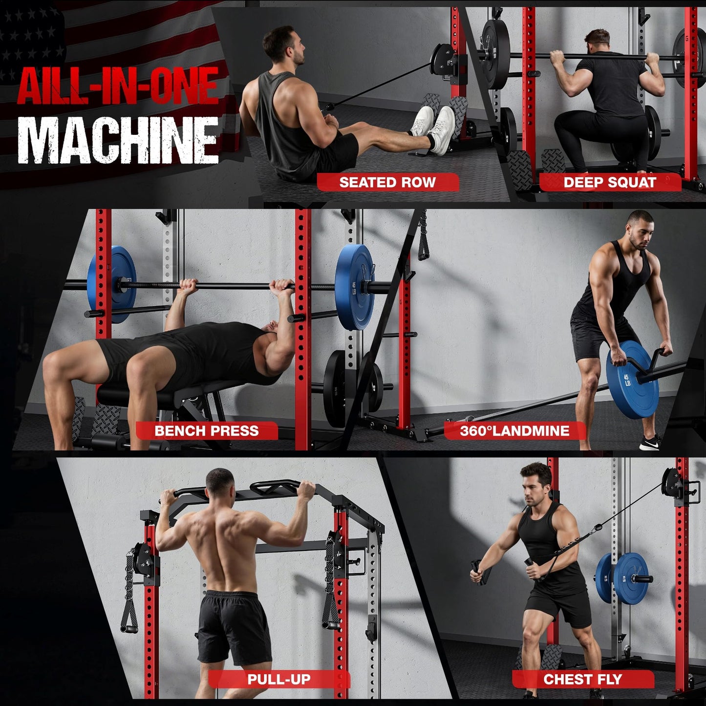 GOIMU DP01 Power Cage, 2000LBS Squat Rack with Cable Crossover and Dual Independent Pulley System, Full Cage for Full Body Training, Power Rack with More Training Attachments for Home Gym (Red)