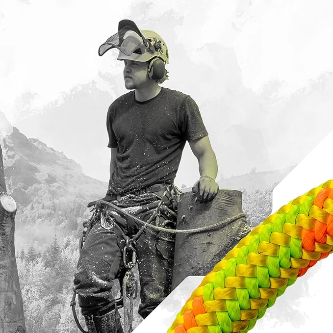 Pelican Rope Arborist Rope 11.8mm x 150Ft, USA Made High-Strength 24-Strands Static Climbing Rope - 5,400 lb Strength for Tree Climbing, Pulling, Outdoors & Swing - Yellow, Tight Spliced Eye
