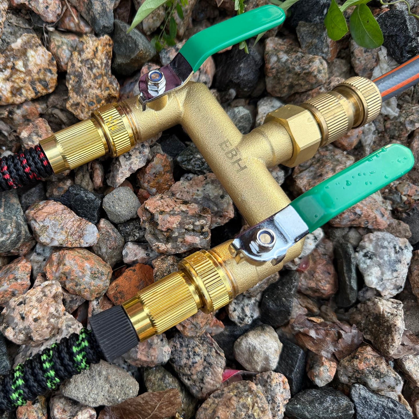 EBH Garden Hose Splitter, 2-Way High Flow Heavy Duty Brass Outdoor Hose Manifold with Extra Long Handles Full Flow Faucet Adapter- 3/4” GHT(Green)