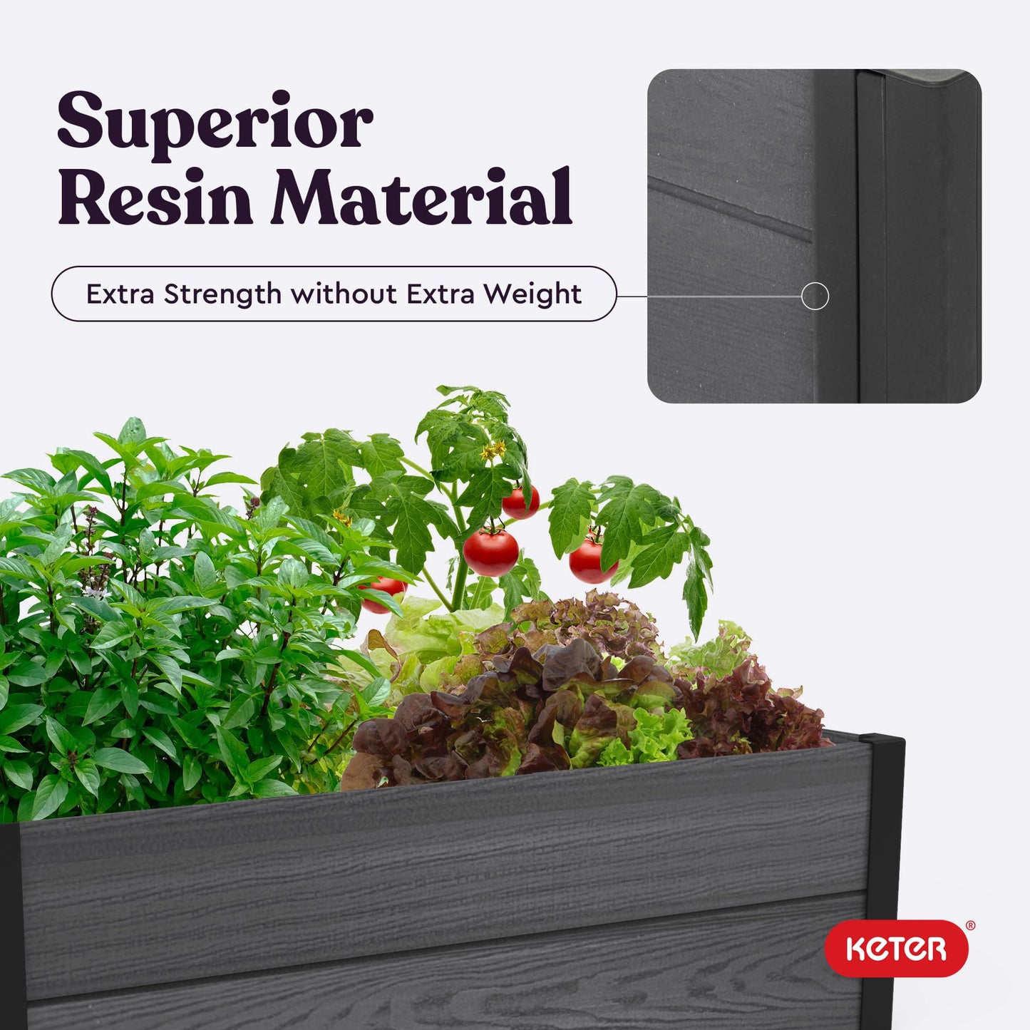 Keter 48" X 48" inches Wood Look Raised Garden Bed, Durable Outdoor Herb Garden Planter for Vegetables, Flowers, and Succulents, Grey
