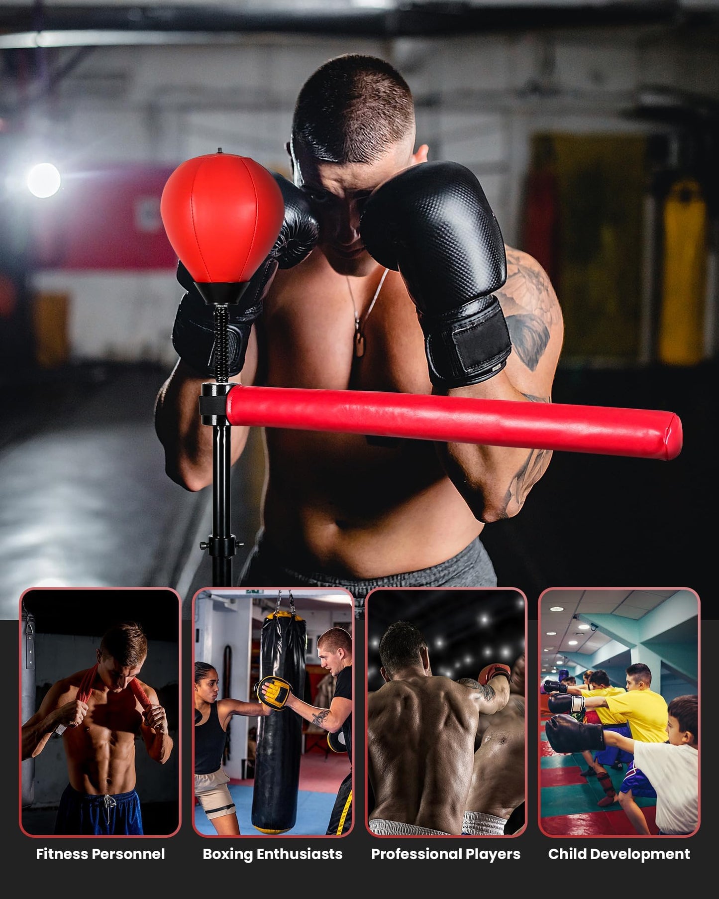 Reflex Ball & 360°Rotating Rod Boxing Bar Training Kit - Punching Bag Spinning Bar, Free Standing Design Adjustable Height for Adults(Red