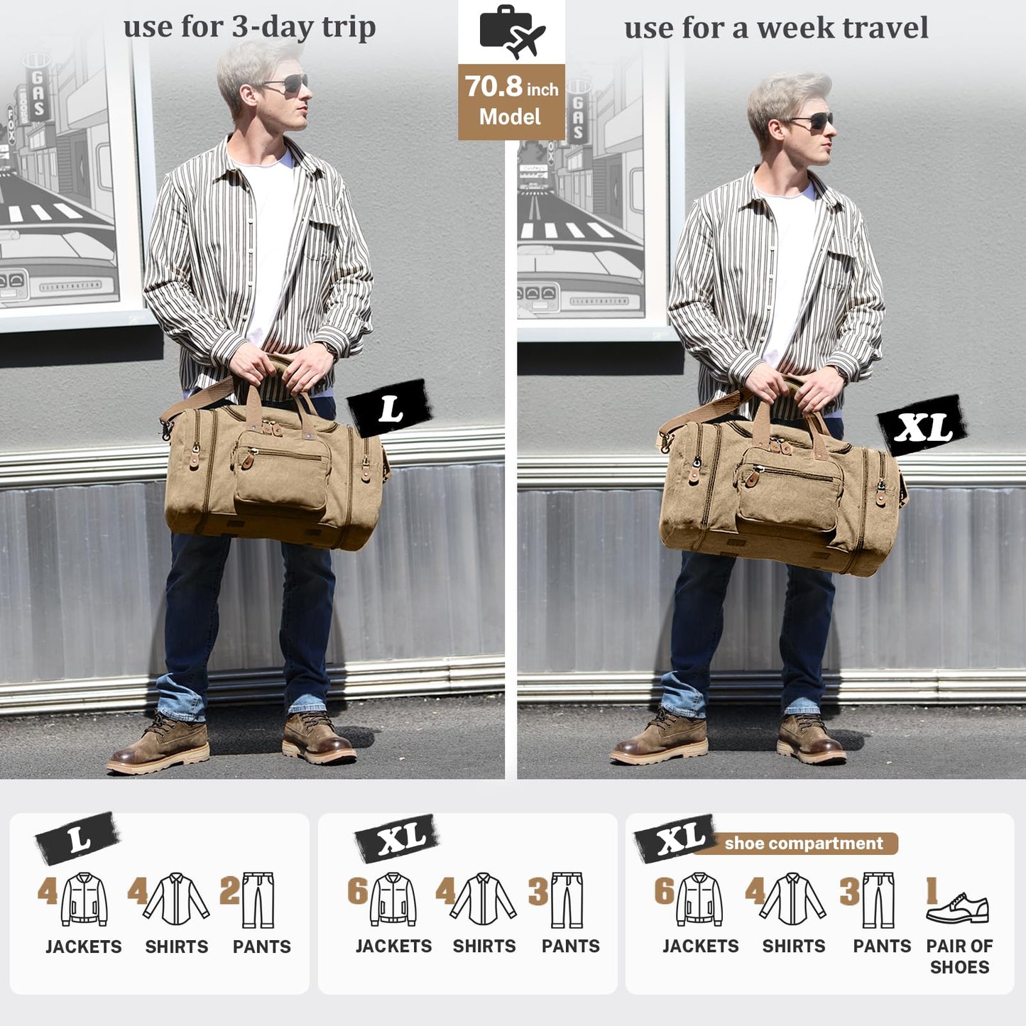 Gonex Canvas Duffle Bag for Travel 60L Duffel Overnight Weekend Bag(Coffee)
