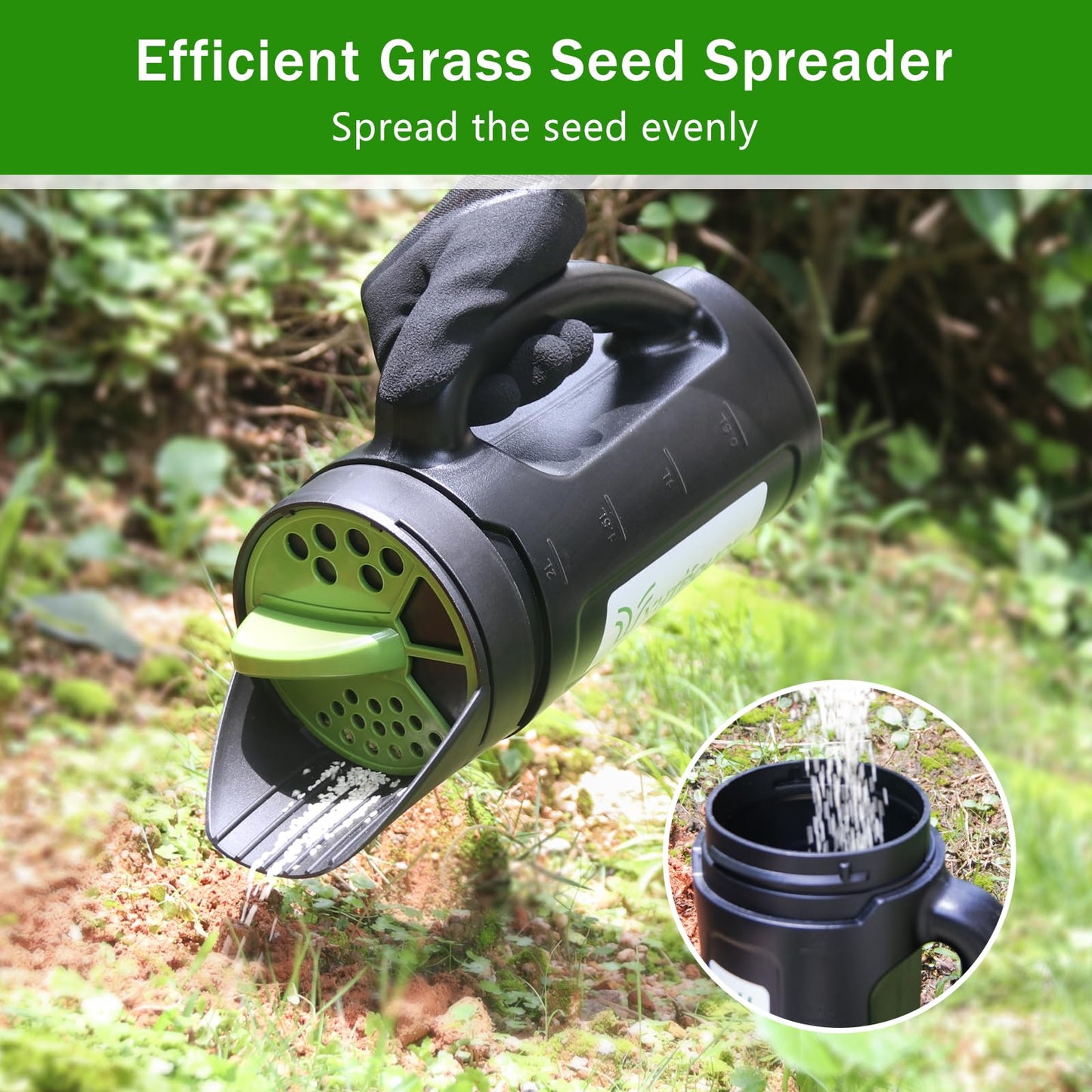 Yhtpouqe Hand held Spreader, Seed Spreader for Ice Melt, Grass Seed, Fertilizer Lawn and Garden. Multiple Adjustable Opening Sizes for Salt,Ice Melt, Up to 80 Oz