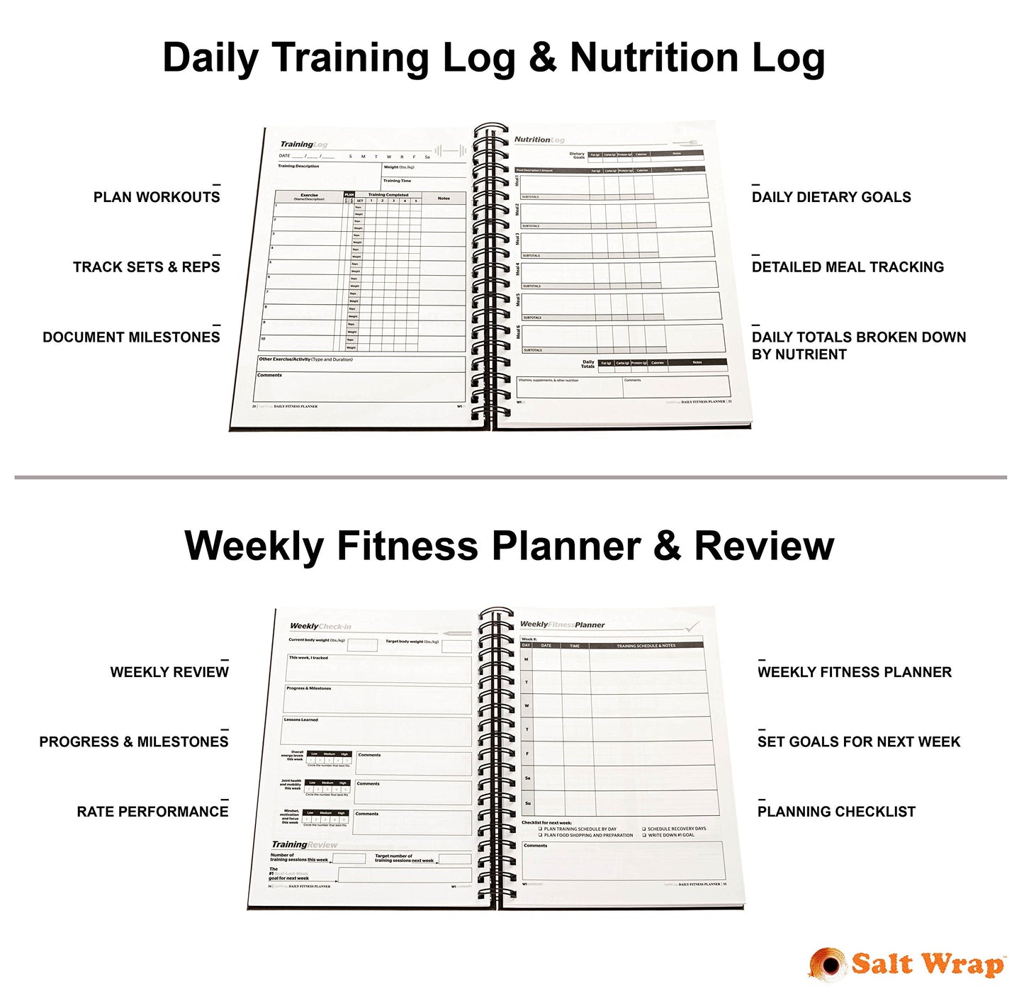 SaltWrap Daily Fitness Planner - Gym Workout Training Log, Weightlifting Exercise Journal, and Food/Diet Tracker - Daily and Weekly Pages, Goal Tracking, Spiral-Bound, 7 x 10 inches