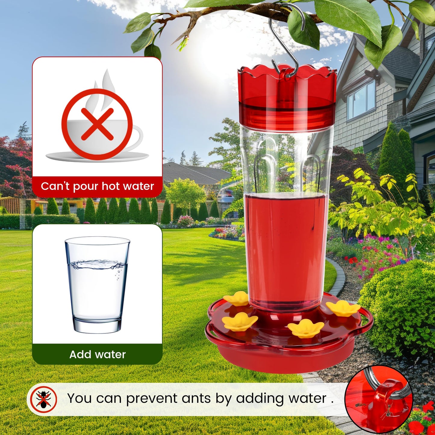 Plastic Hummingbird Feeders for Outdoors Hanging Ant and Bee Proof, 2 Pack 15 Ounces Red Hummingbird Feeder with 5 Feeding Ports and Perches, Built-in Ant Moat, Outside Garden Décor (Plastic, 2)