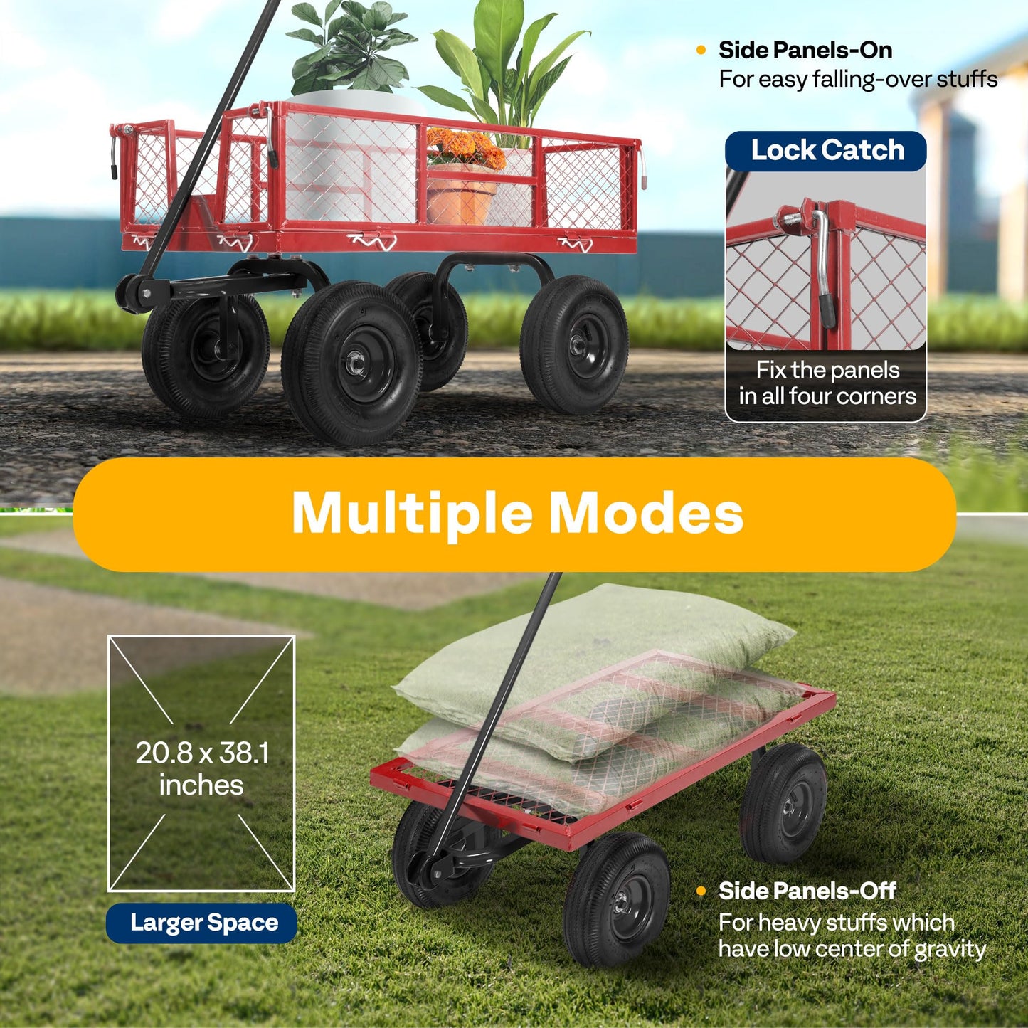 VIVOHOME Heavy Duty 880 Lbs Capacity Mesh Steel Garden Cart Folding Utility Wagon with Removable Sides and 4.10/3.50-4" Wheels 10 inch Tire(Red)