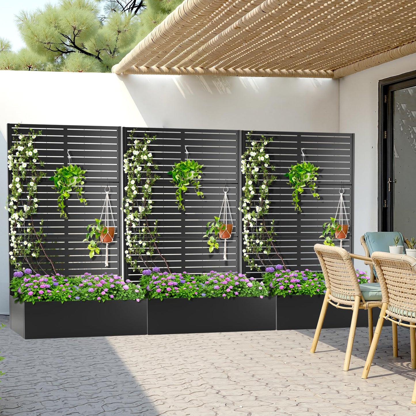 Metal Planter Box with Trellis, Heavy-Duty Raised Garden Bed for Climbing Plants, Drainage Hole, Outdoor Planter Box with Privacy Screen,47''L×16''W×71''H
