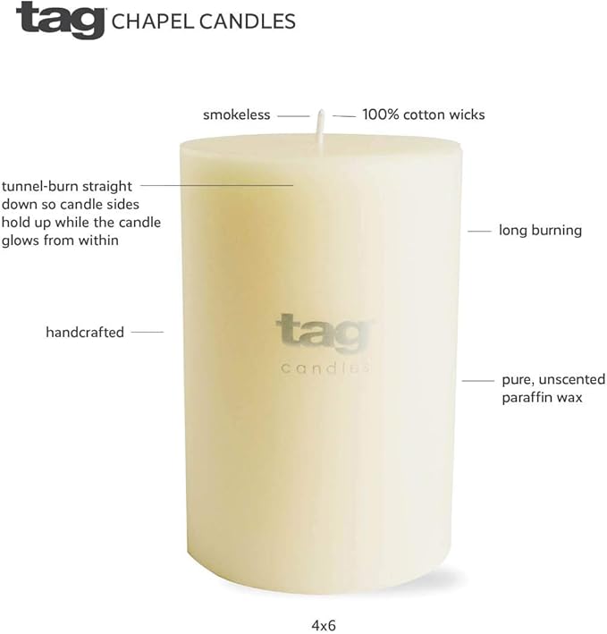 TAG Chapel 3X6 Ivory Pillar Paraffin Wax Candle Unscented Drip-Free Long Burning 85 Hours For Home Decor Wedding Parties 3x6 Ivory