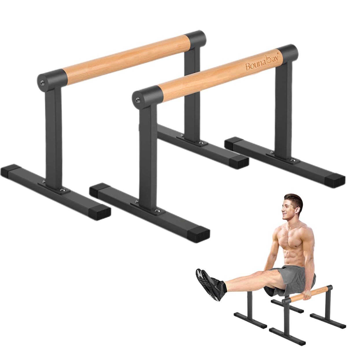 Wooden Parallel Bar and Dip Bar with Thick Beech Handles, Push-up Bar, Rock-Free Fitness Equipment for Handstand, L-Sit, Gymnastics, Strength Training Home Gym,500lbs