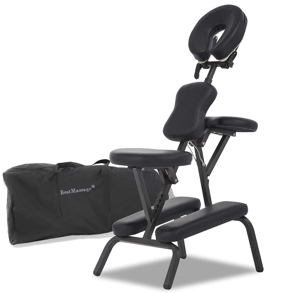 BestMassage Massage Chair Portable Massage Chairs Tattoo Spa, Height Adjustable Folding Leather Travel Salon Chair w/Free Carry Case (Black)