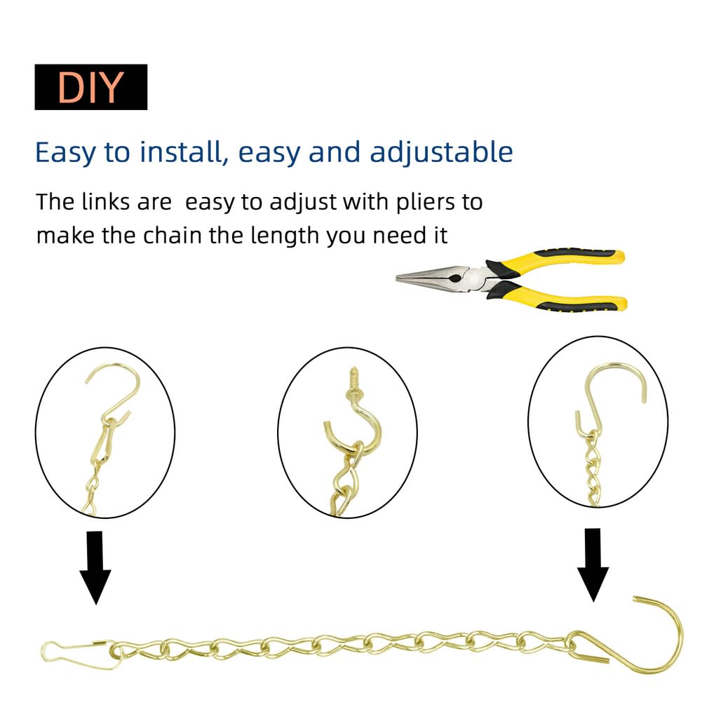 236 Inch Gold Hanging Baskets Chains - Adjustable Length, Brass Decorative Metal Chain with A Great Assortment of Hooks for Hanging Bird Feeders Planters Baskets Billboards Ornaments, Chain Hooks DIY