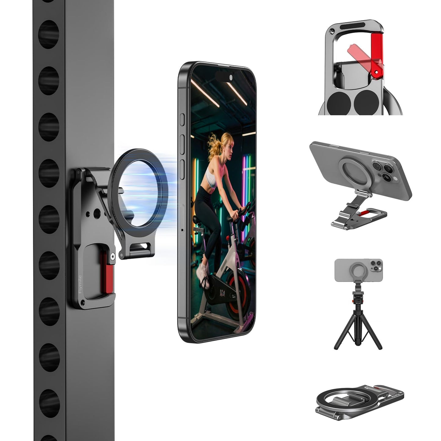 Magnetic Phone Mount for MagSafe, Maglock Tripod Adapter Magnet Golf Gym Workout Stand Metal Carabiner Dual Holder with 1/4 Screw Hole, for iPhone 16 15 14 13 12 Series Foldable Portable Accessories