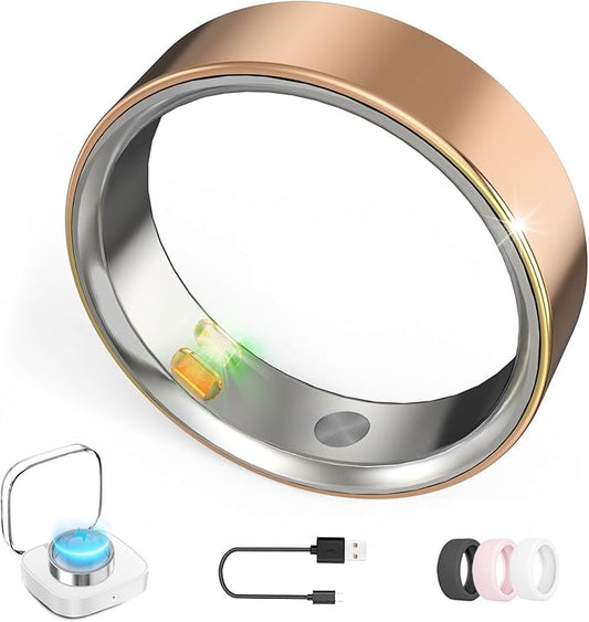 Smart Ring with Vibration Alerts, Health Tracker Ring with Body Temperature Monitor, Heart Rate, Sleep & Fitness Tracking, Waterproof Activity Ring for Men & Women, No App Fees (Rose Gold, 11#)