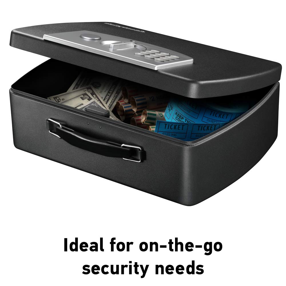 SentrySafe Portable Black Safe Box with Digital Keypad Lock, Small Steel Travel Safe with Carrying Handle for Money, Passport, 0.21 Cubic Feet, 4.4 x 13 x 10 Inches, P021E