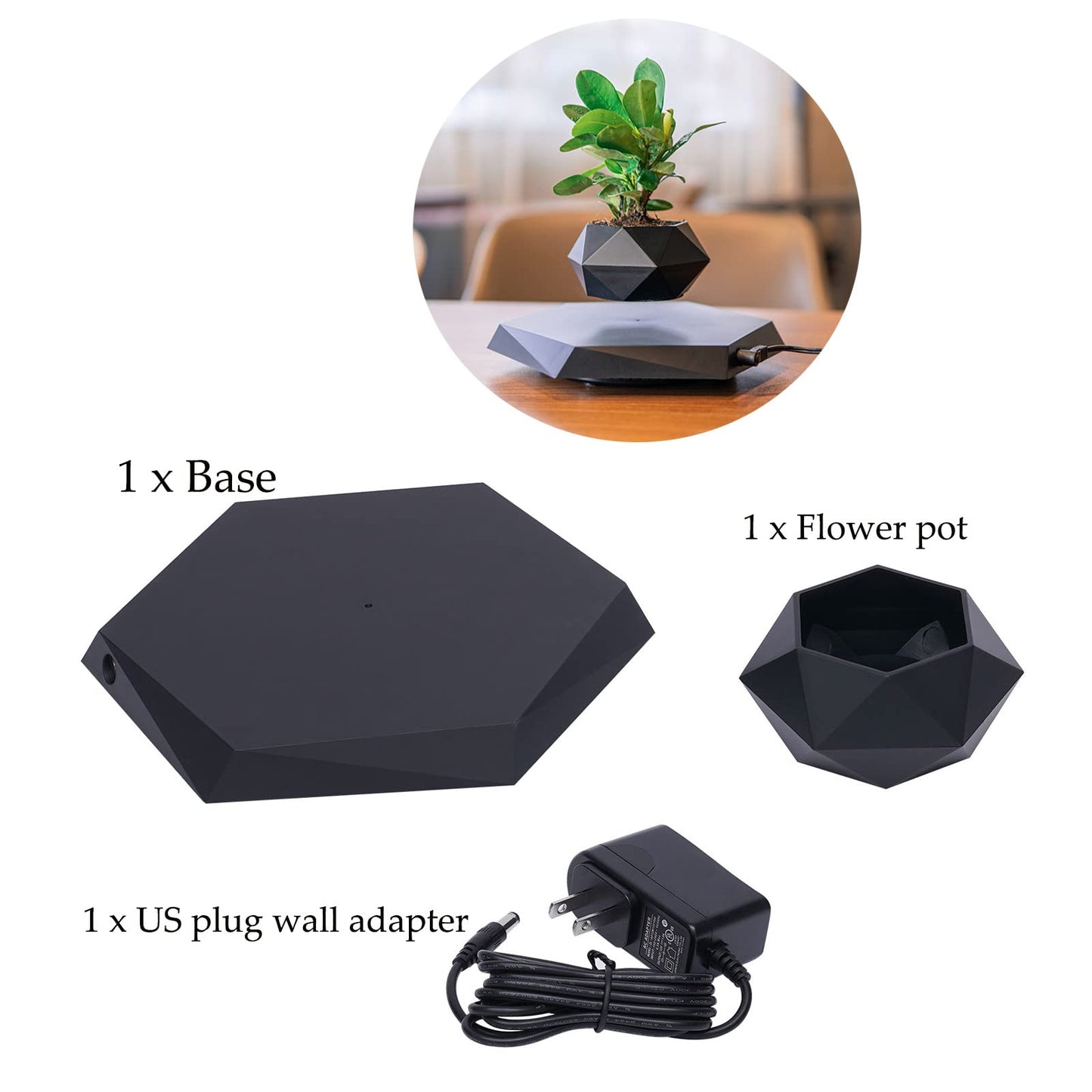 EEYBLAEEY Levitating Plant Pot Floating Plant Pot Magnetic Flower Air Bonsai Black Hexagon Suspension Floating 360 Degree Rotation Pot Home and Office Desk Decor