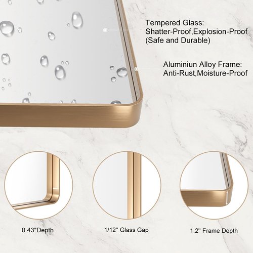 LOAAO Gold Bathroom Mirror - Rounded Rectangle Design, Anti-Rust Tempered Glass, 40" x 32" | Wall-Mounted Vanity Mirror