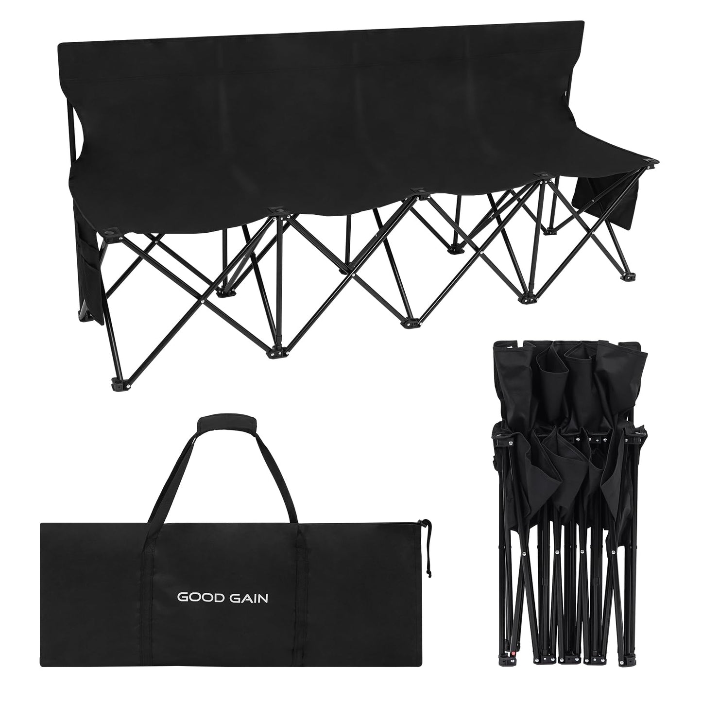 G GOOD GAIN Portable Soccer Bench - Team Bench Soccer 4 Seats with Bag, Sideline Folding Bench, Folded Chair Seating 4 for Football Camp Outdoor Sport Events, Team Chairs for Adults, Black