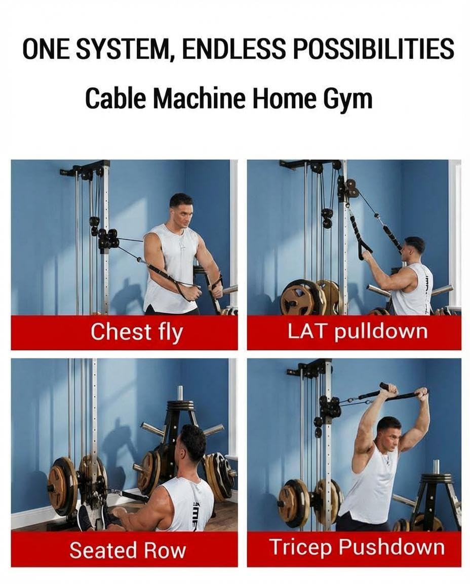 Wall Mount Cable Machine, 19-Position Dual Pulley LAT Pulldown & Crossover System for Home Gym, 400lb Capacity, Garage & Apartment Strength Equipment