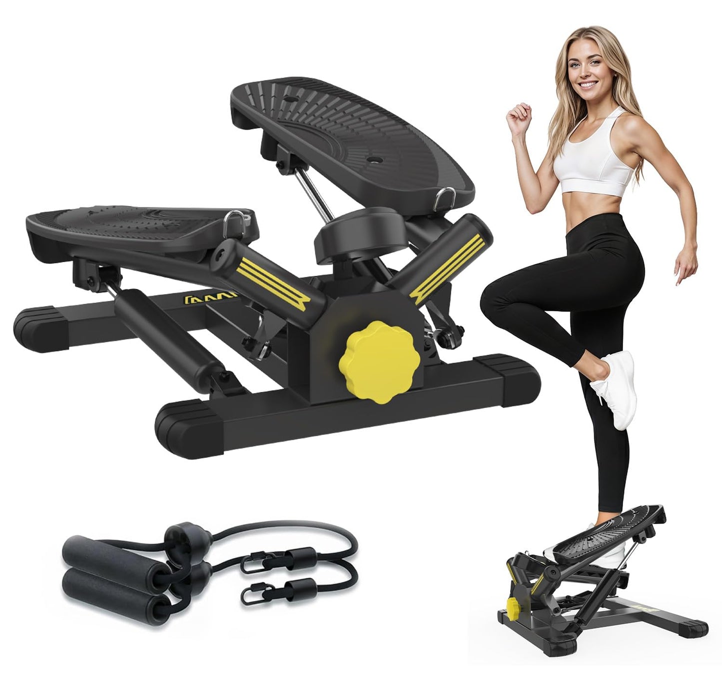 Silent 300LBS Mini Stepper Machine - Quiet Twist Stepper with Resistance Bands & LCD Monitor - Compact Home Gym Equipment for Full Body Workout