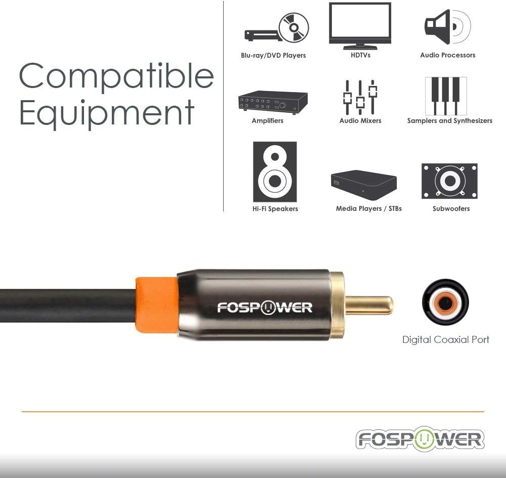 [24K 6ft FosPower Digital Audio Coaxial Cable Gold Plated Connectors] Premium S/PDIF RCA Male to RCA Male for Home