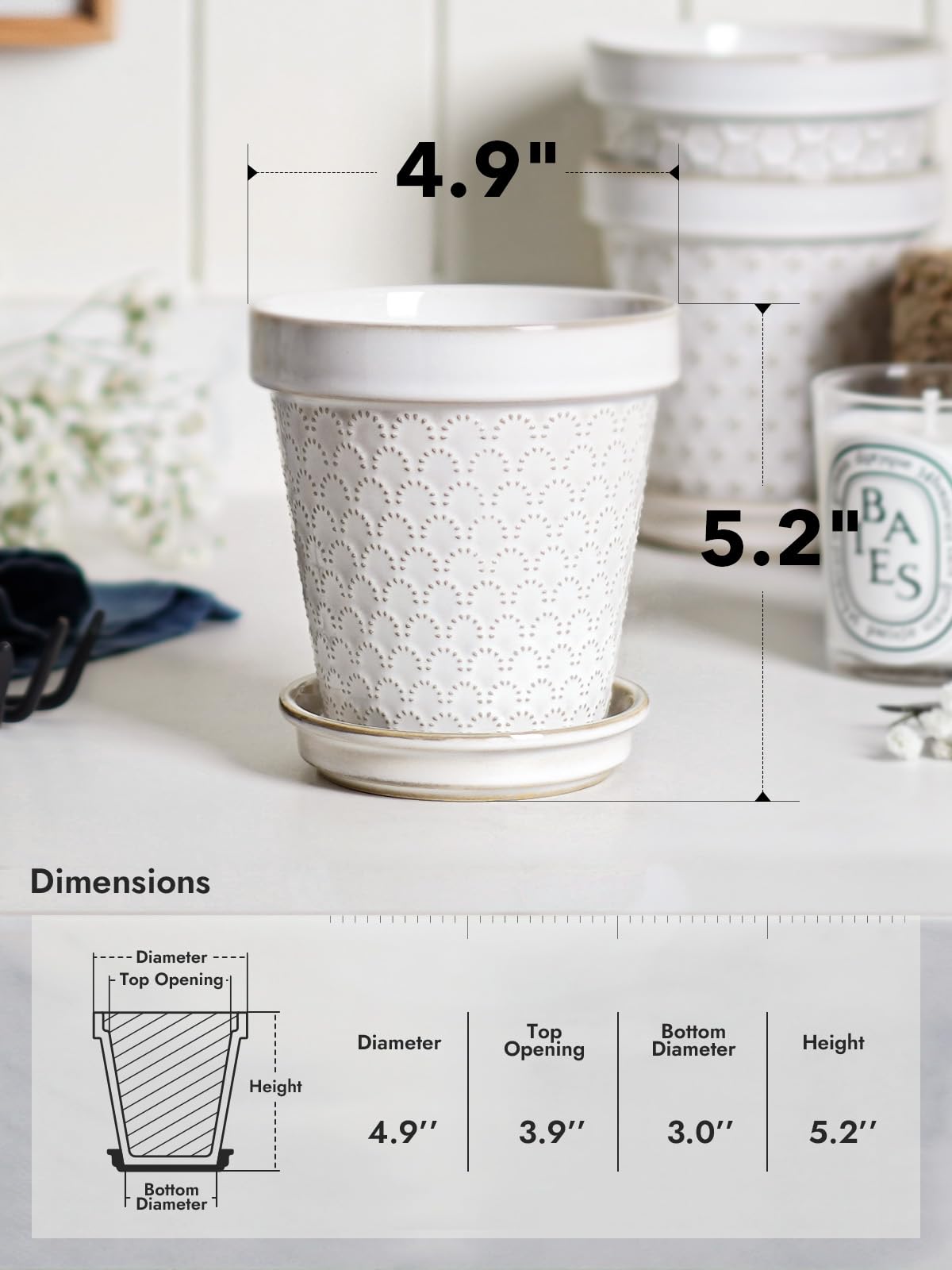 LE TAUCI Ceramic Plant Pots, 4.9 Inch Flower Pots with Drainage Hole & Saucer, Embossed Planter Pots for Indoor Plant Succulent, Orchid, Cactus, Home Decor - Set of 4, Arctic White