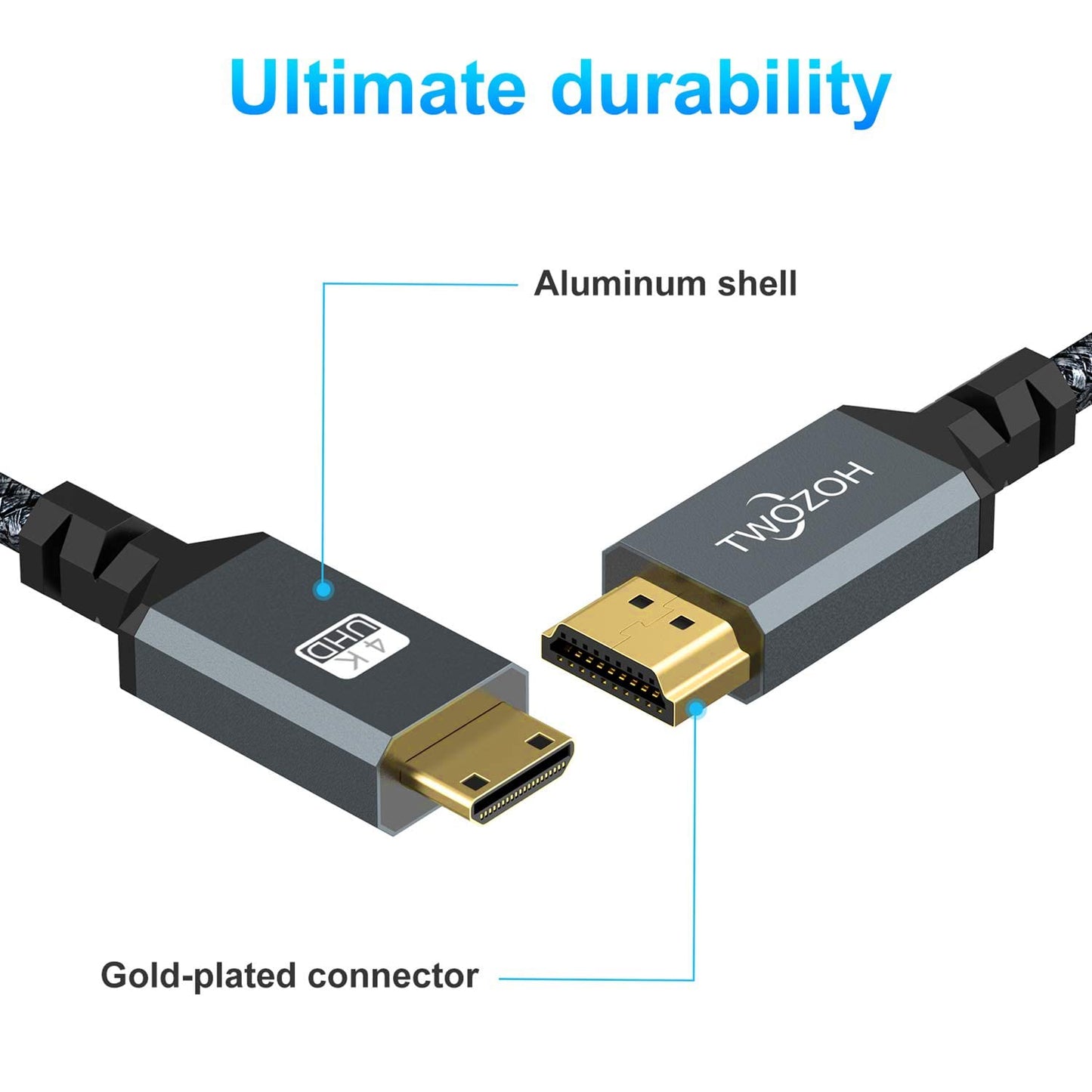 Twozoh 3.3FT, 3D 4K/60Hz 1080p 720p Mini HDMI to HDMI Cable High-Speed HDMI to Mini HDMI Braided Cord Support