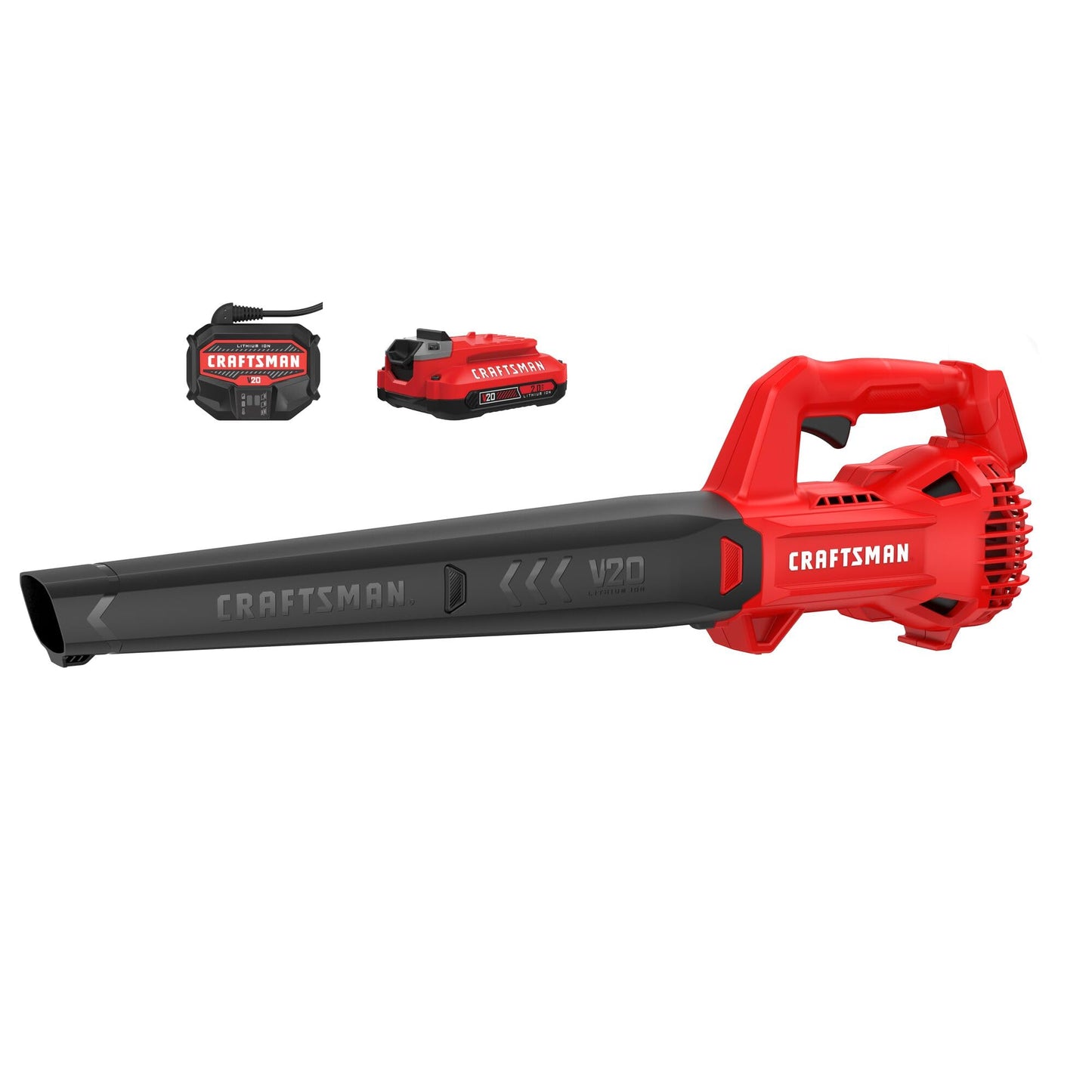 CRAFTSMAN 20V MAX Cordless Leaf Blower with Battery and Charger, Hard Surface Electric Leaf Blower,Powerful up to 90 MPH, Red (CMCBL710D1)
