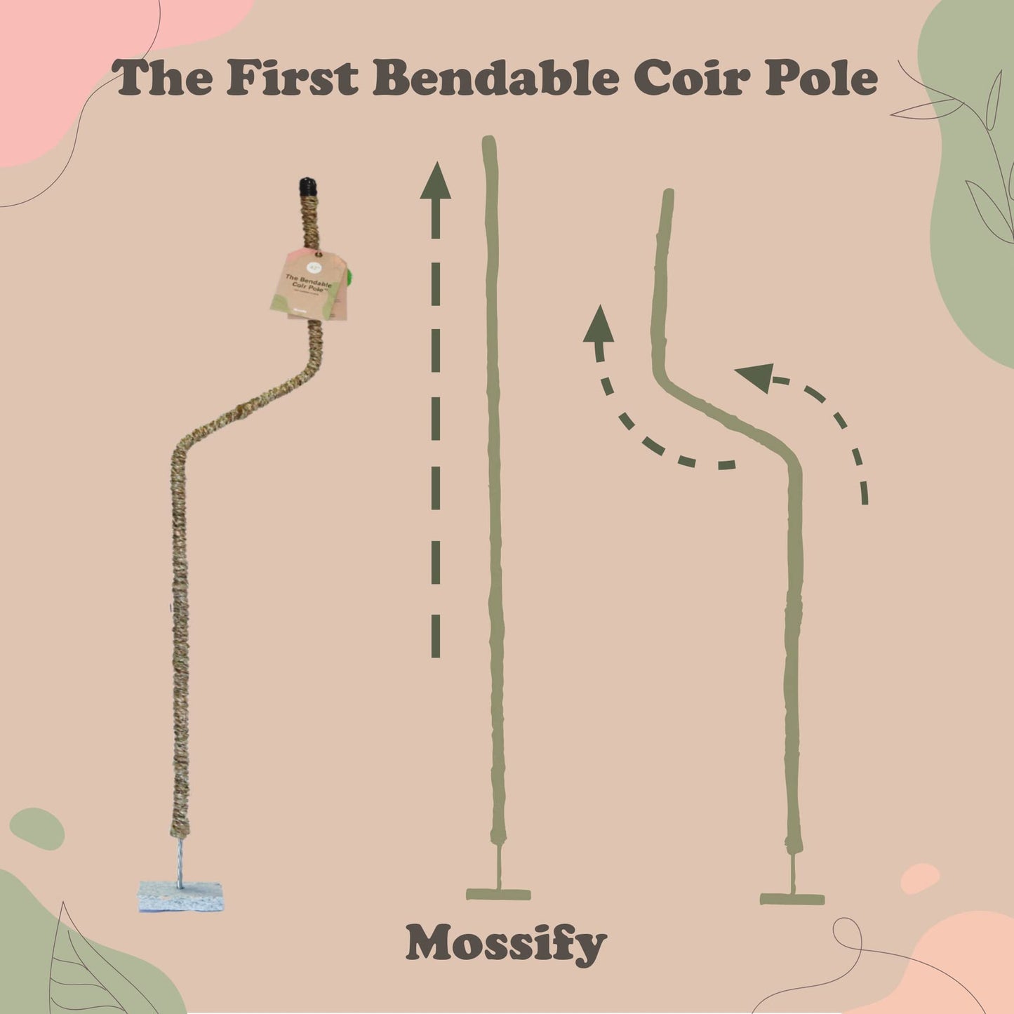 Mossify Bendable Coir Pole for Plants – 16” Premium Manila Coir Moss Pole Monstera Plant Support for Indoor & Outdoor Plant Climbing Support - Comes with Reusable Tape for Durable Plant Pole